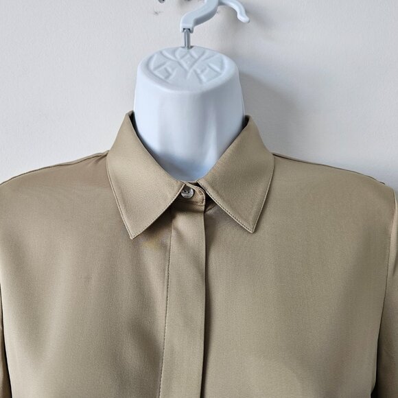 NWT THEORY Taupe Brown Silk Classic Fitted LS Blouse Shirt Top Small - Picture 2 of 7